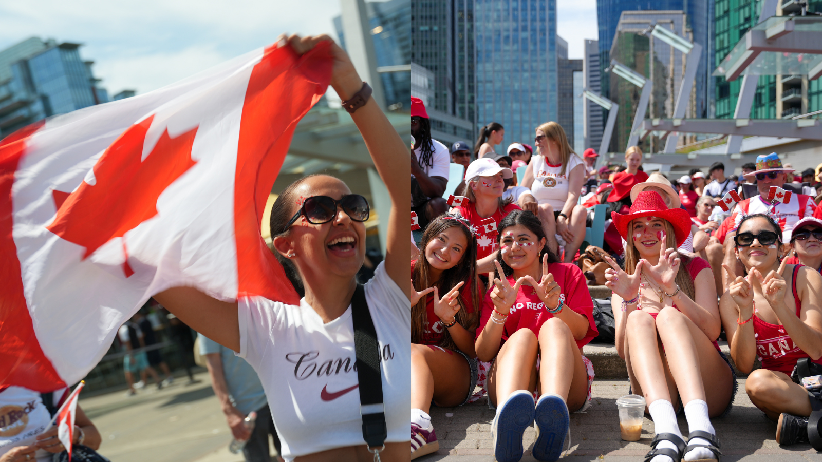 Woman with Canada flag and group of girls making a W with fingers